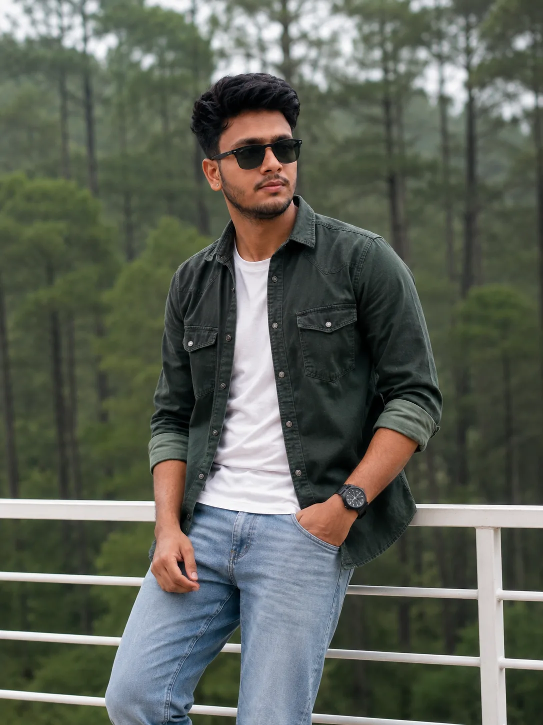 Ultra-realistic cinematic outdoor portrait of a young Indian man standing casually beside a white metal balcony railing in a misty pine