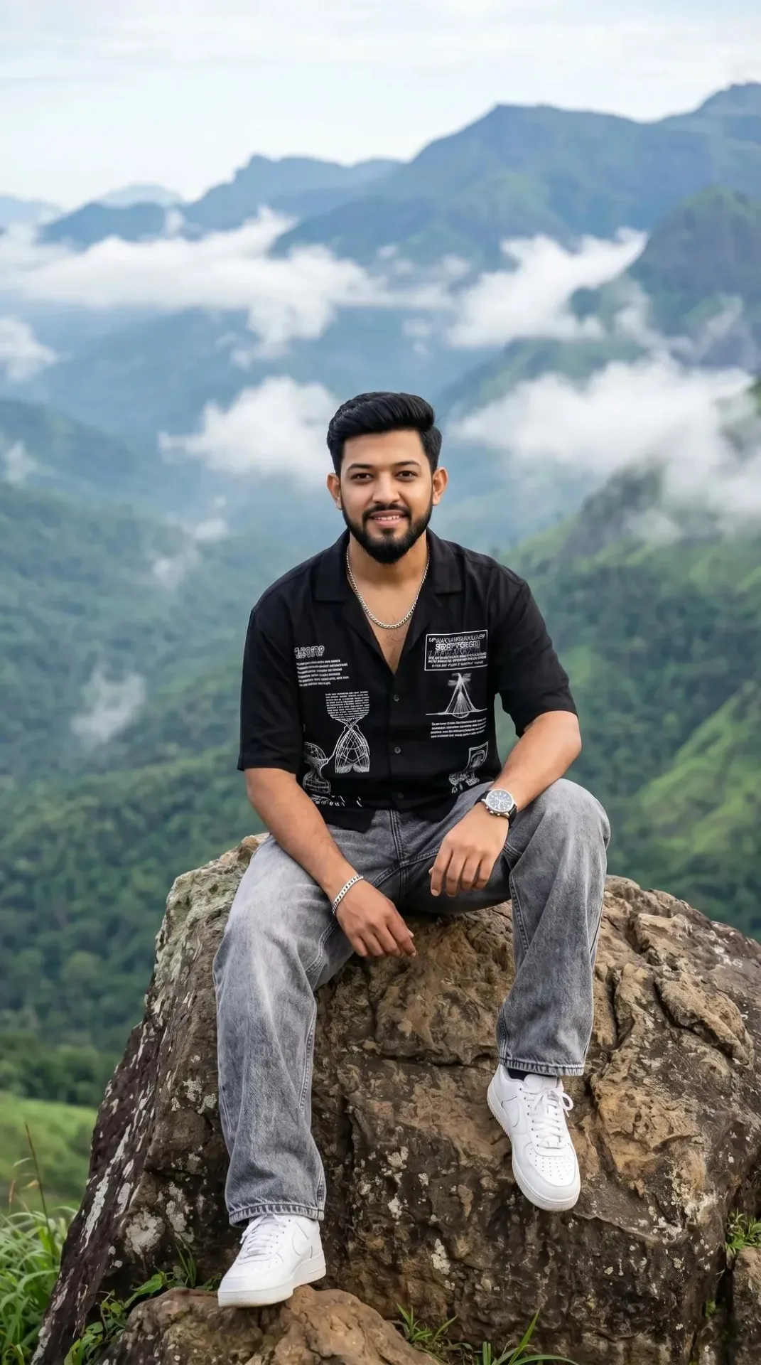 Create an ultra-realistic DSLR portrait of a stylish young Indian man sitting confidently on a large mountain rock at a scenic hill