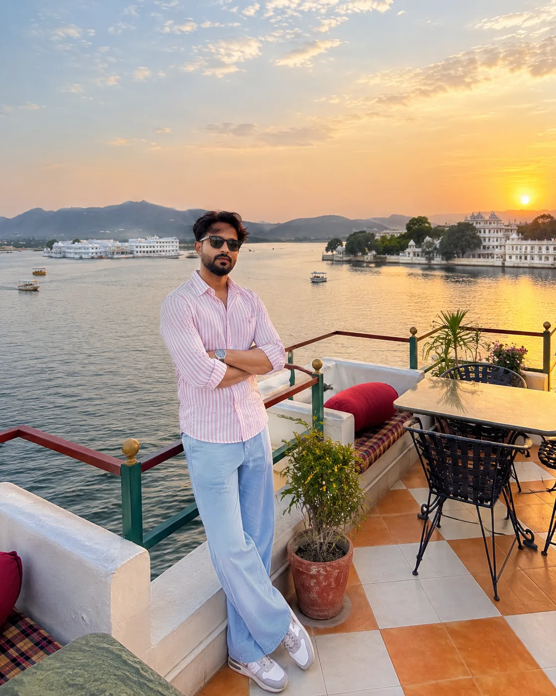 Create an ultra-photorealistic, high-end cinematic travel fashion photograph of a stylish young South Asian man standing casually on the
