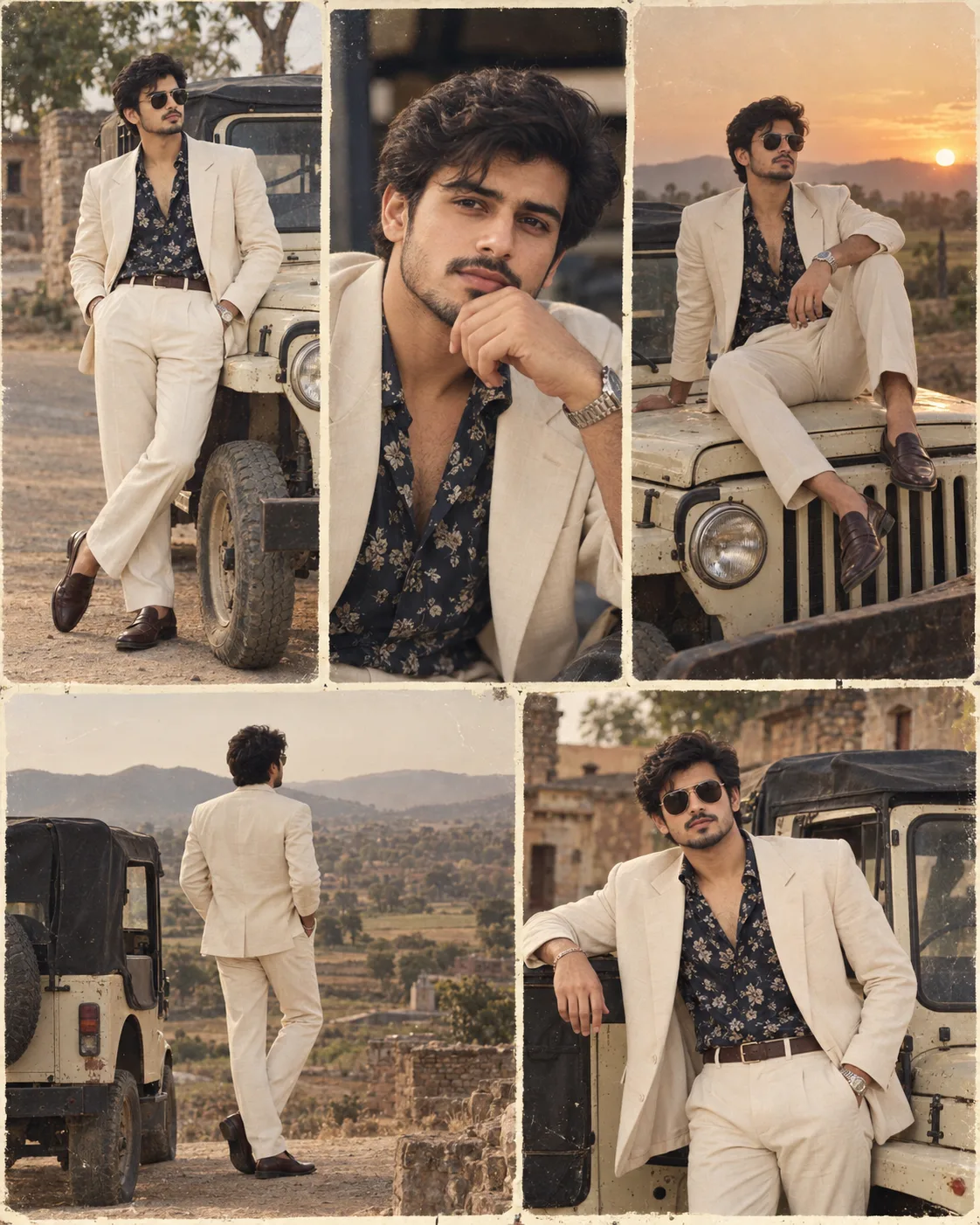 > Create a highly realistic vertical 4:5 cinematic vintage fashion photo collage featuring the same young man from the uploaded reference