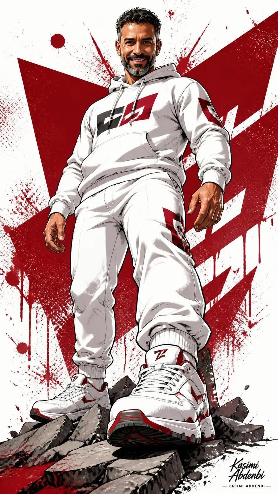 Full-body dynamic low-angle comic-book illustration of a confident athletic man (image Uploaded) standing on cracked rubble, wearing an