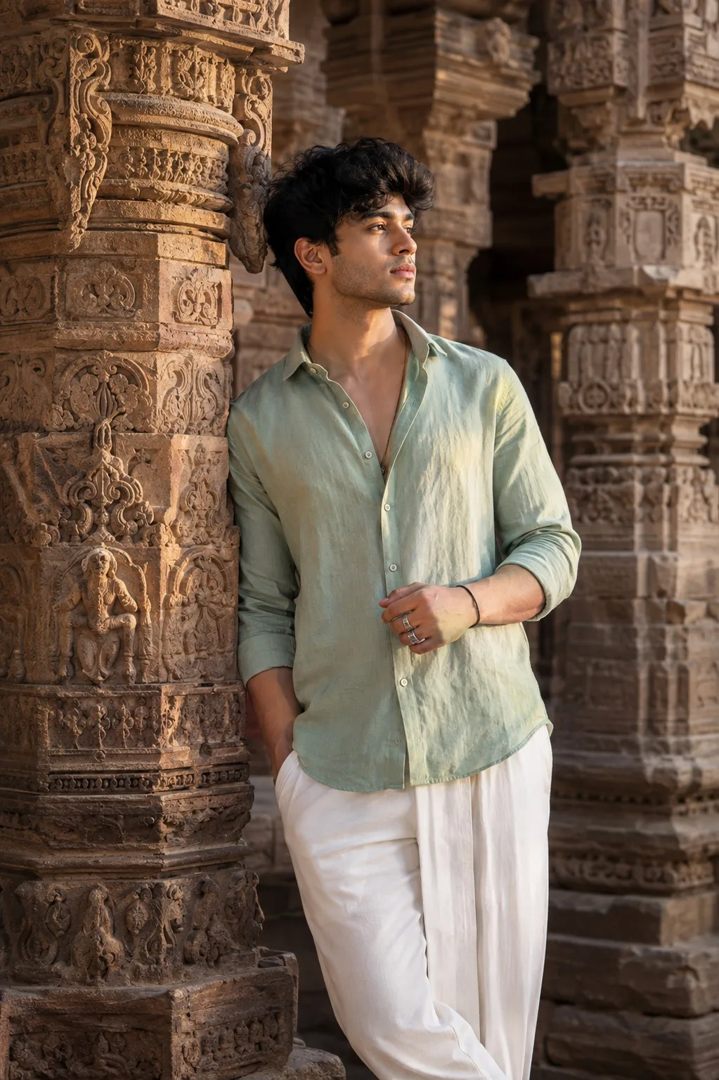 Create an ultra-realistic 4K portrait of a handsome young man standing confidently beside an ancient sandstone temple pillar carved with