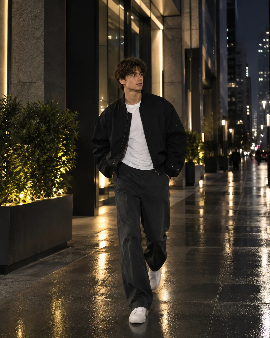 High-end fashion editorial photograph of a young man walking through a modern urban street at night, wearing an oversized black bomber