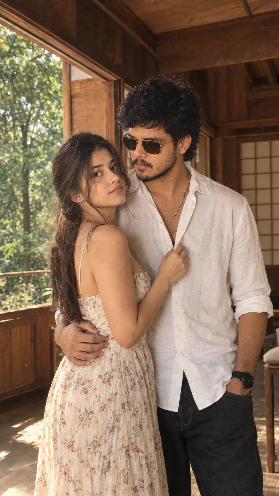 Prompt: > A candid intimate couple portrait in a warm rustic wooden room, photographed in natural daylight, 9:16 vertical.