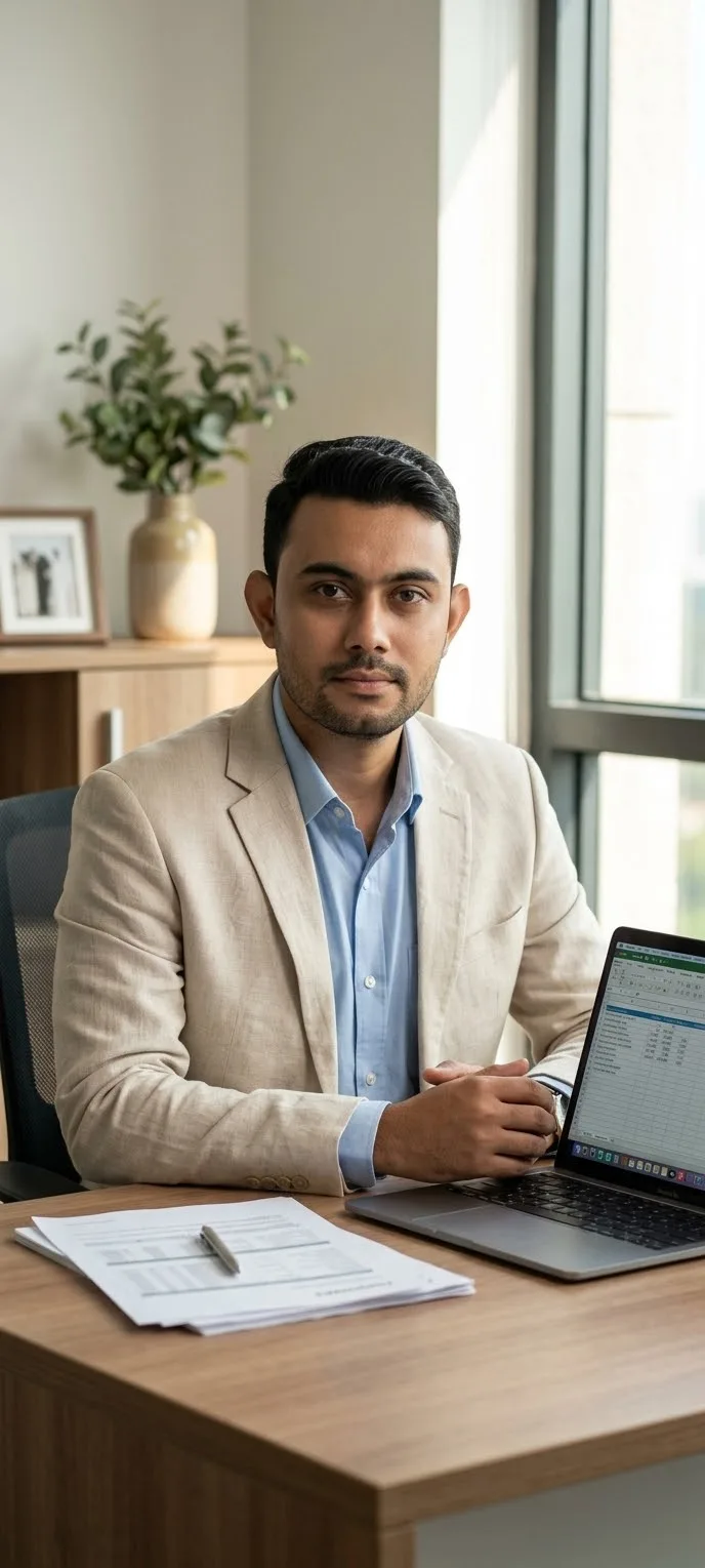 Create a realistic professional portrait of a man sitting at an office desk with a laptop and documents in front of him.