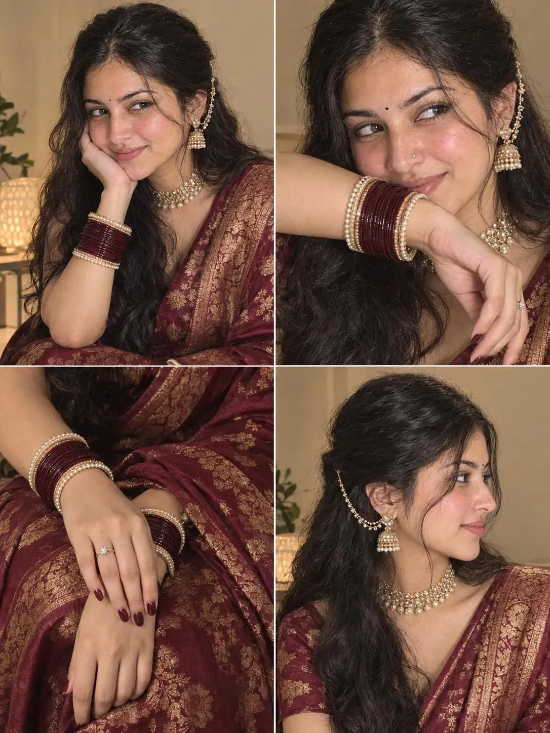 Ultra-realistic 2x2 collage of the same young Indian woman in a deep maroon Banarasi silk saree with intricate golden zari, long wavy black