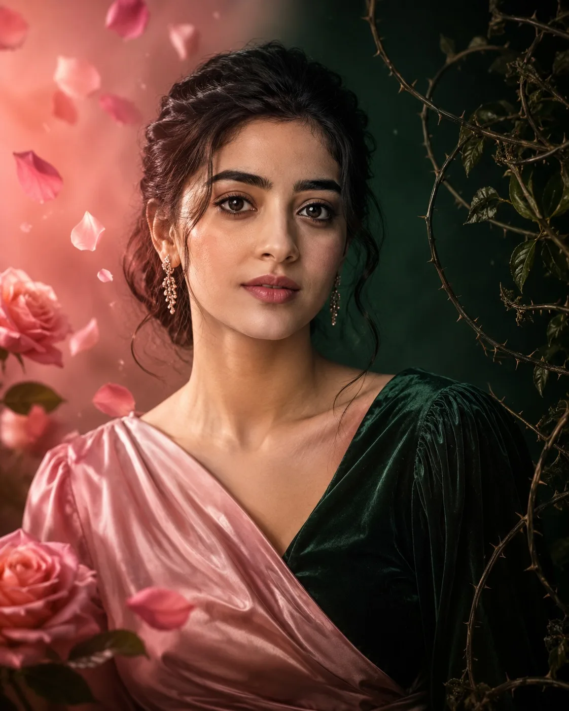 A soft blush-pink glow bathes one side of the frame while the opposite side falls into deep forest-green shadow, together forming a