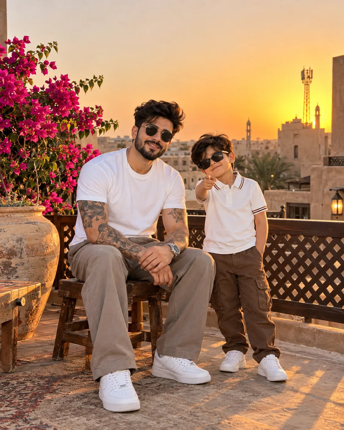 A FULL-BODY PHOTOGRAPH CAPTURES A FATHER AND SON POSING TOGETHER ON A TRADITIONAL MIDDLE EASTERN-STYLE ROOFTOP AT SUNSET.