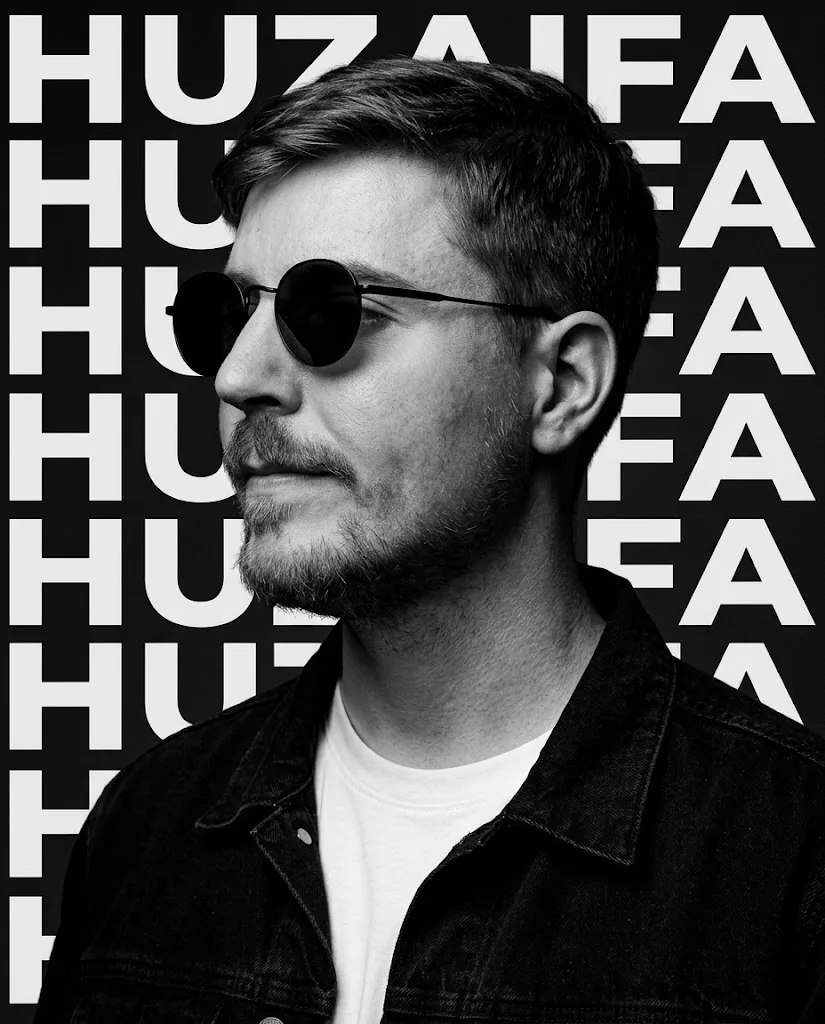 Ultra-realistic black & white cinematic portrait, stylish man in round black sunglasses and black denim jacket over white t-shirt, profile