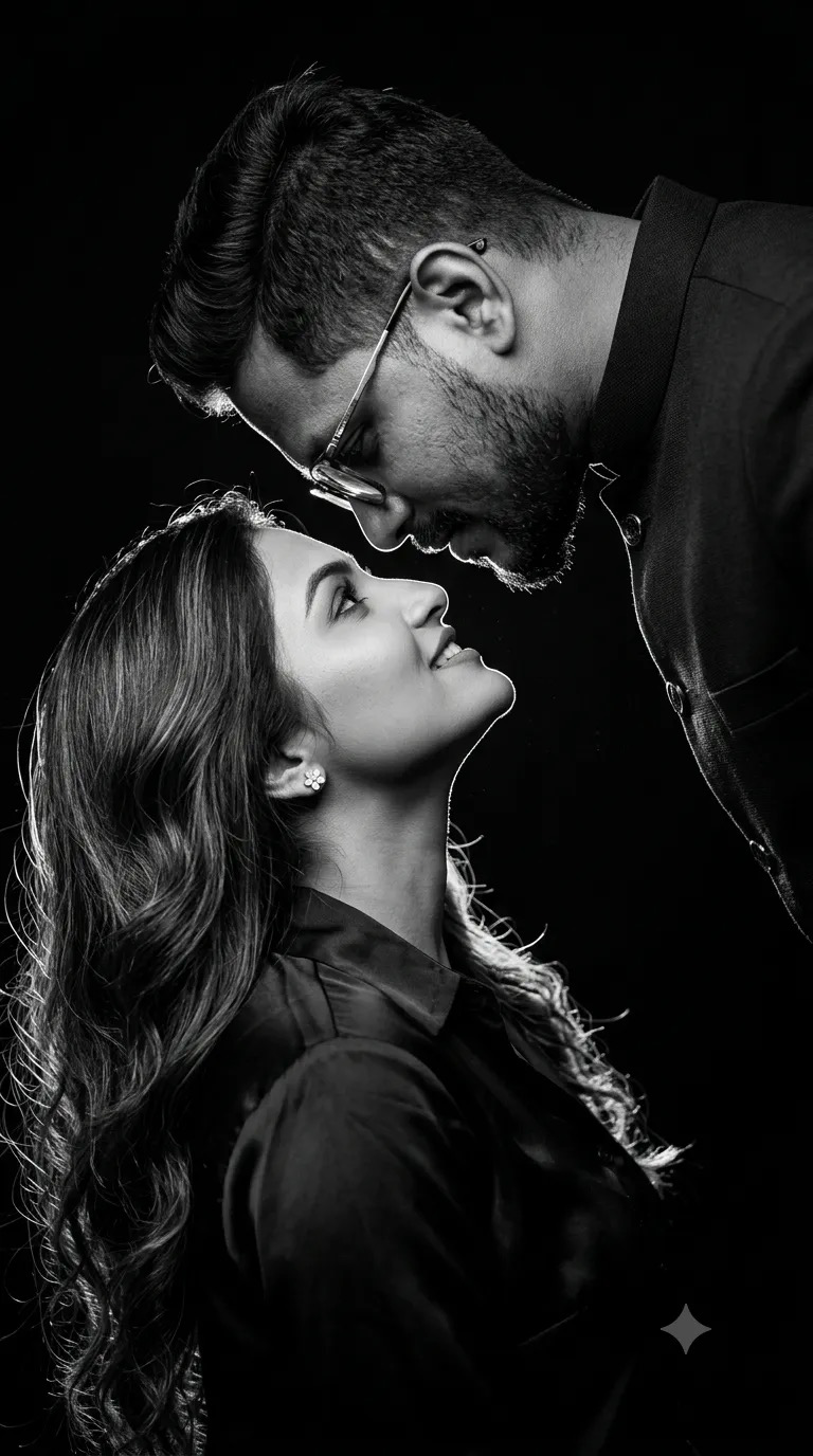 B/w couple prompt Cinematic black-and-white portrait of the uploaded couple, preserving their exact facial identities.