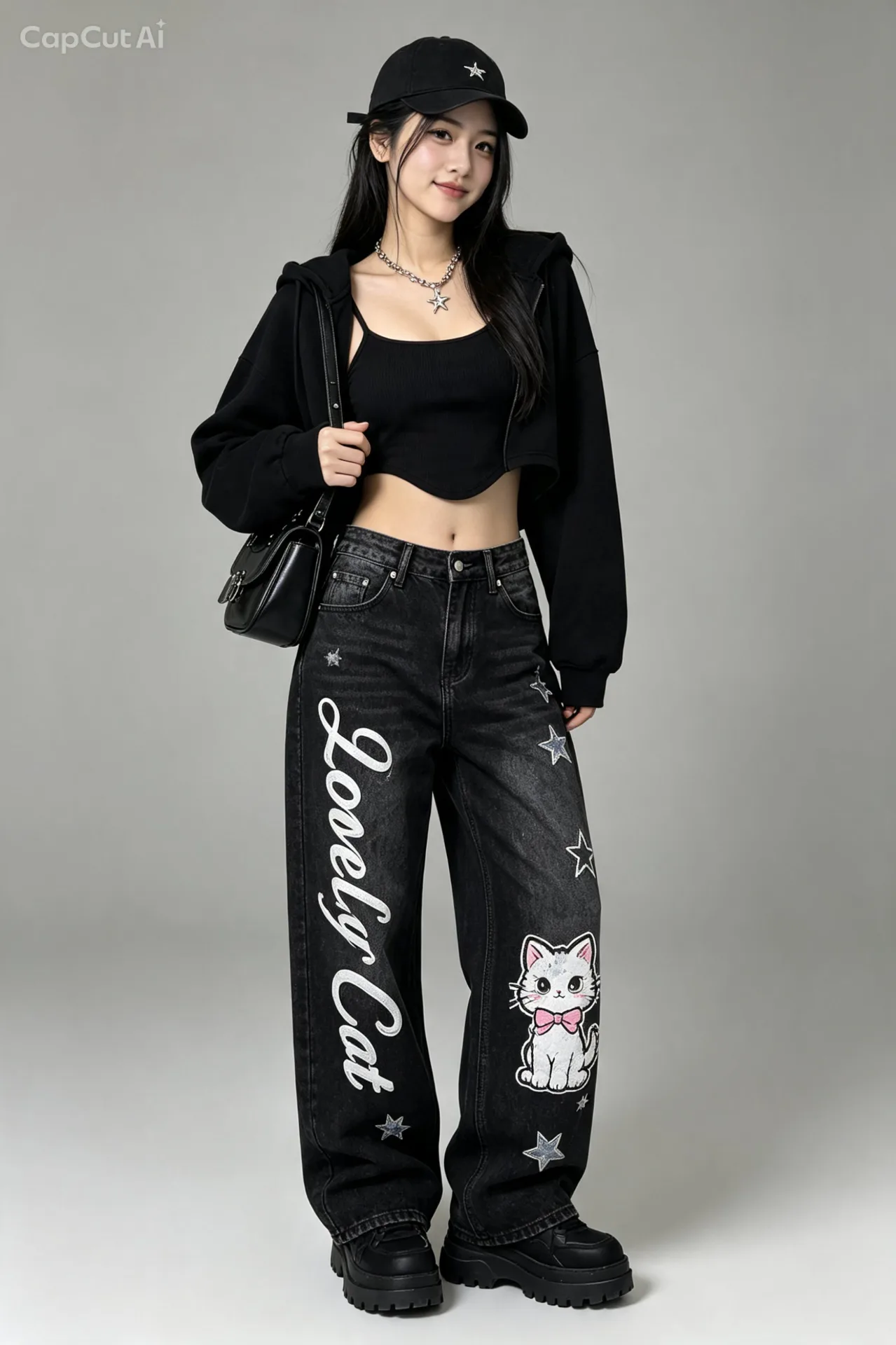 SUBJECT: Subject as uploaded, standing in a relaxed pose, one hand resting near the bag strap, slight three-quarter turn toward camera.