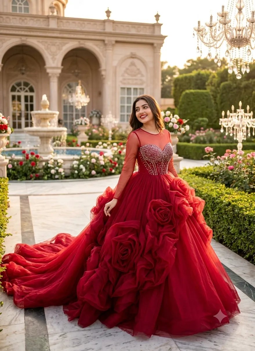 Ultra-realistic luxury fashion editorial photograph of a stunning young woman gracefully walking through a magnificent royal garden palace