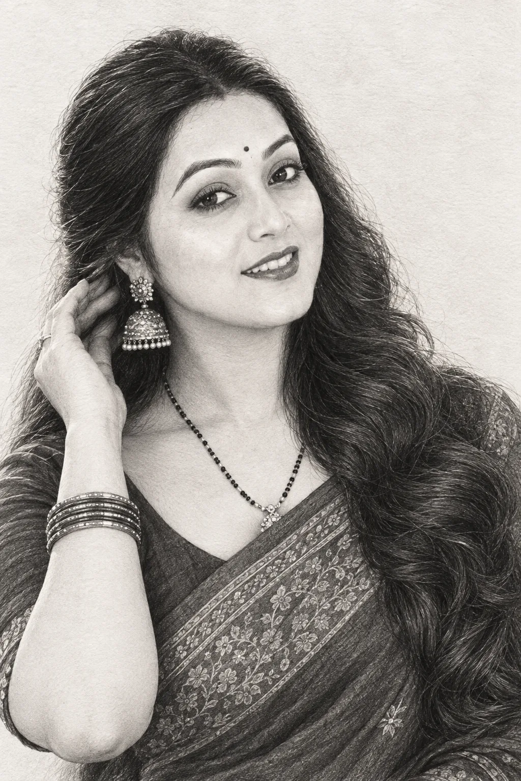 Create a highly detailed traditional black-and-white graphite pencil sketch portrait using the uploaded reference image as the visual