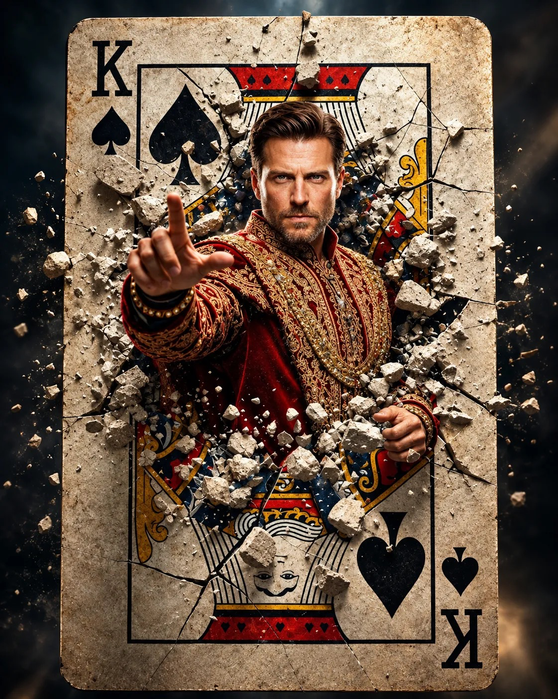 A hyper-realistic cinematic poster of a powerful male sorcerer bursting through a cracked King of Spades playing card.