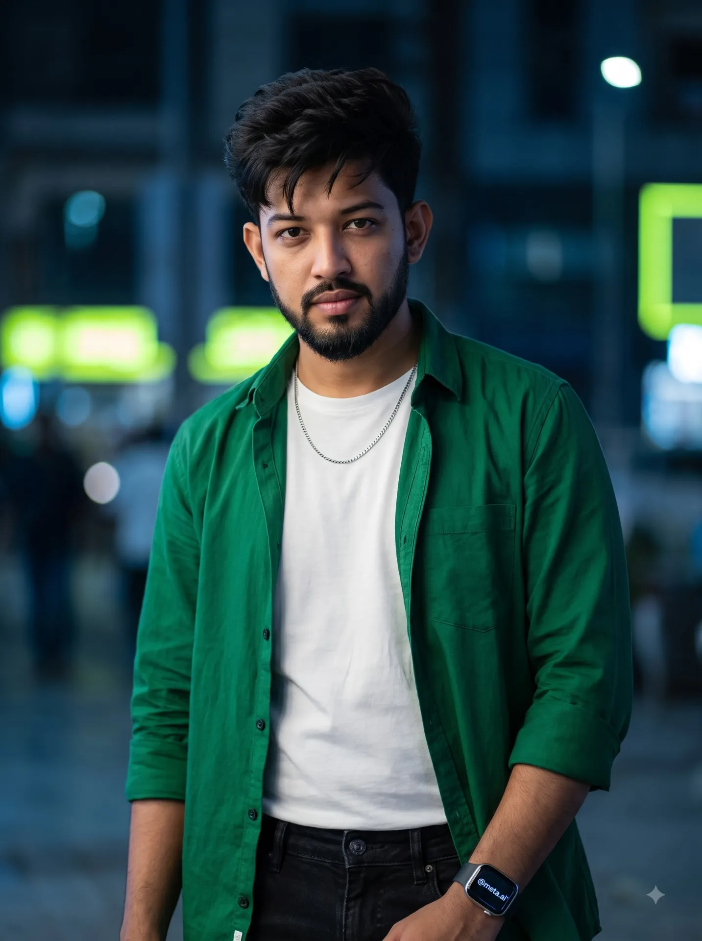 Enerate 4k cinematic half-body portrait of a young man, with voluminous dark hair slightly bent forward toward the forehead.