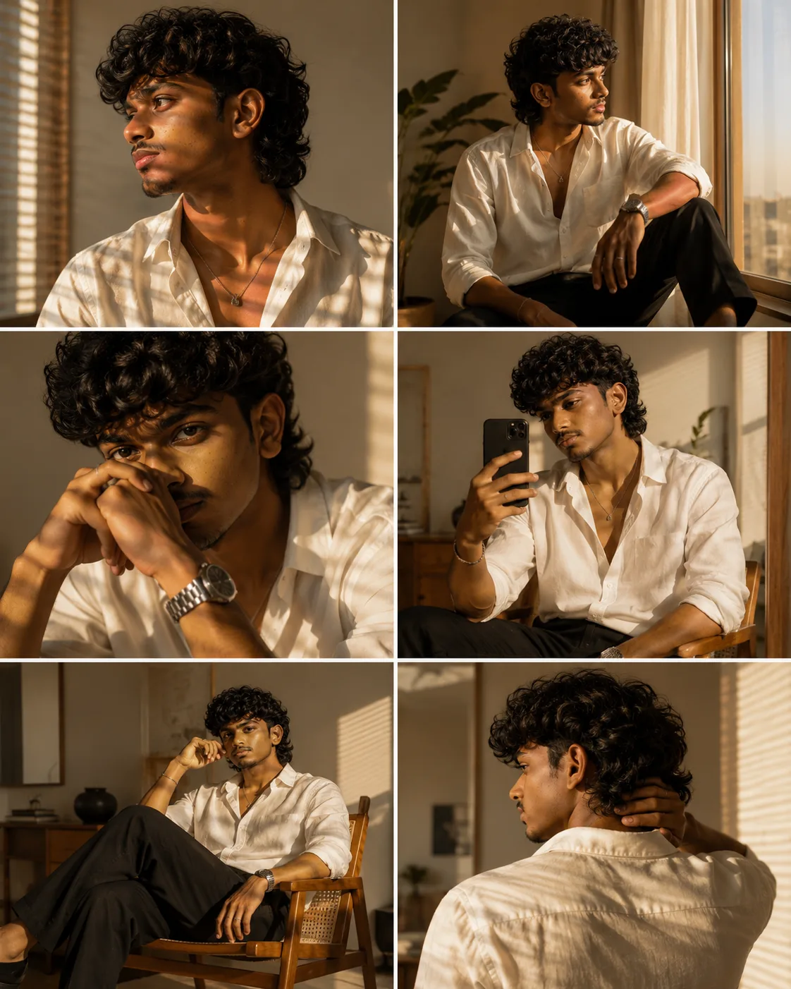 Ultra realistic luxury men's fashion editorial collage featuring the same handsome young man in six different cinematic lifestyle