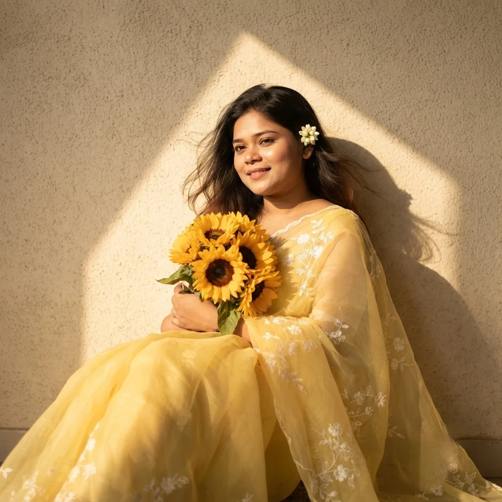 Create A soft, sunlit portrait of lyour facel wearing a flowing sheer yellow saree with delicate floral embroidery.