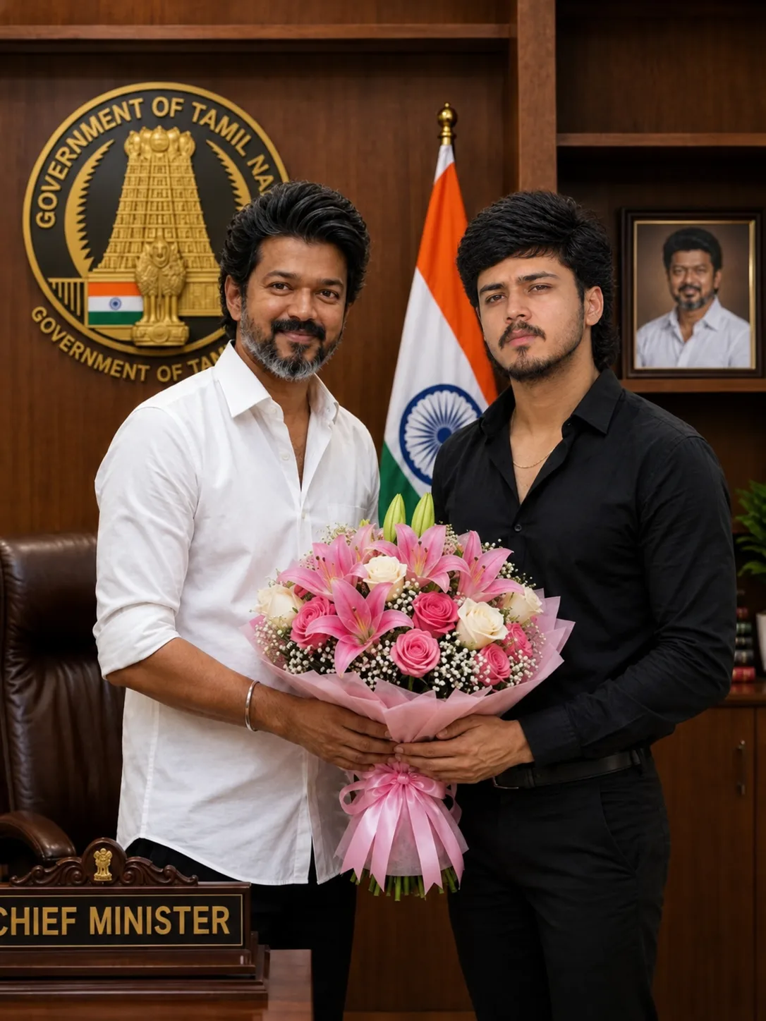 Ultra-photorealistic formal indoor portrait of two South Asian men standing together inside a prestigious government office.