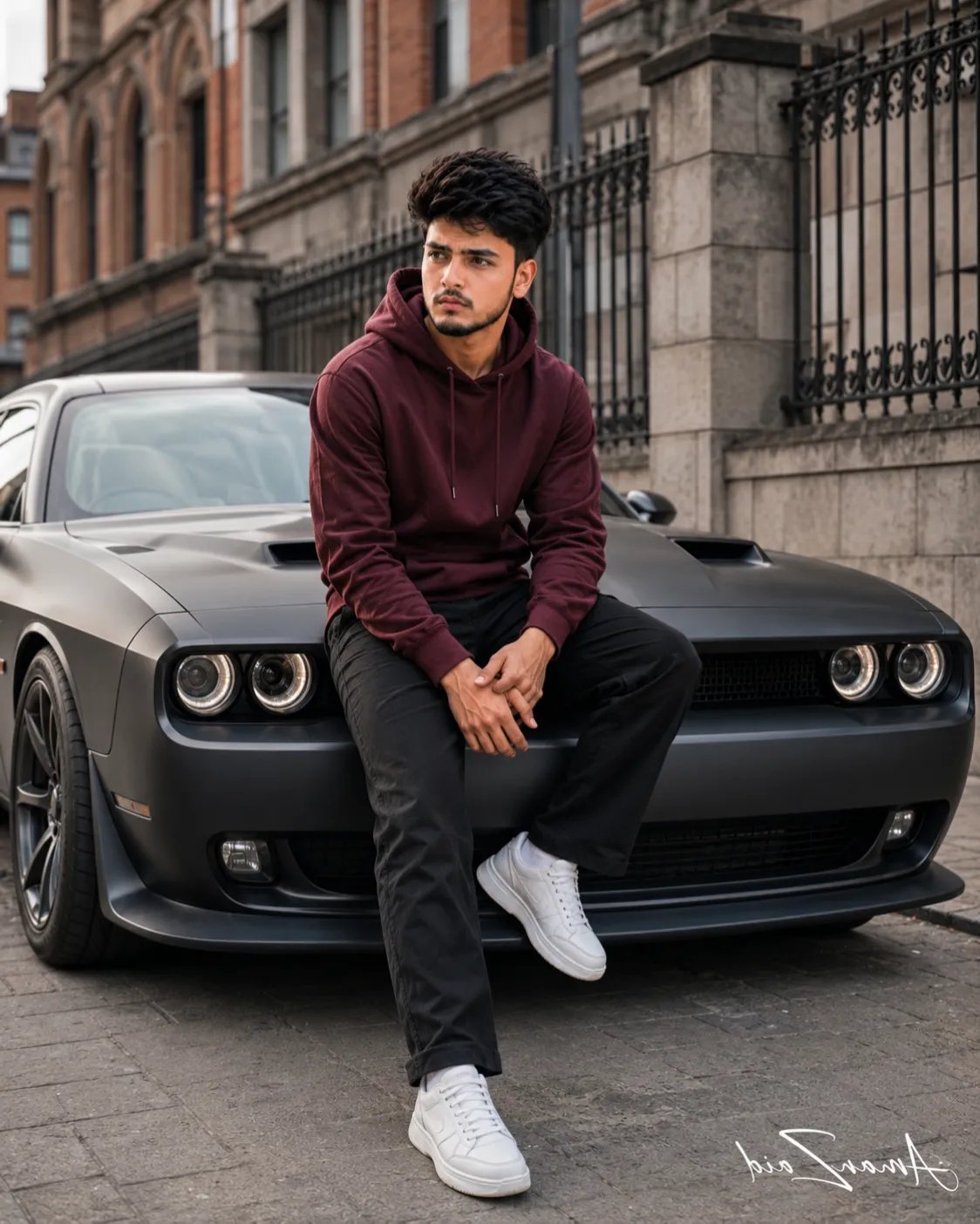 PROMPT: Ultra-realistic luxury automotive fashion portrait of the same 18-year-old young handsome boy from the reference image, slim skinny