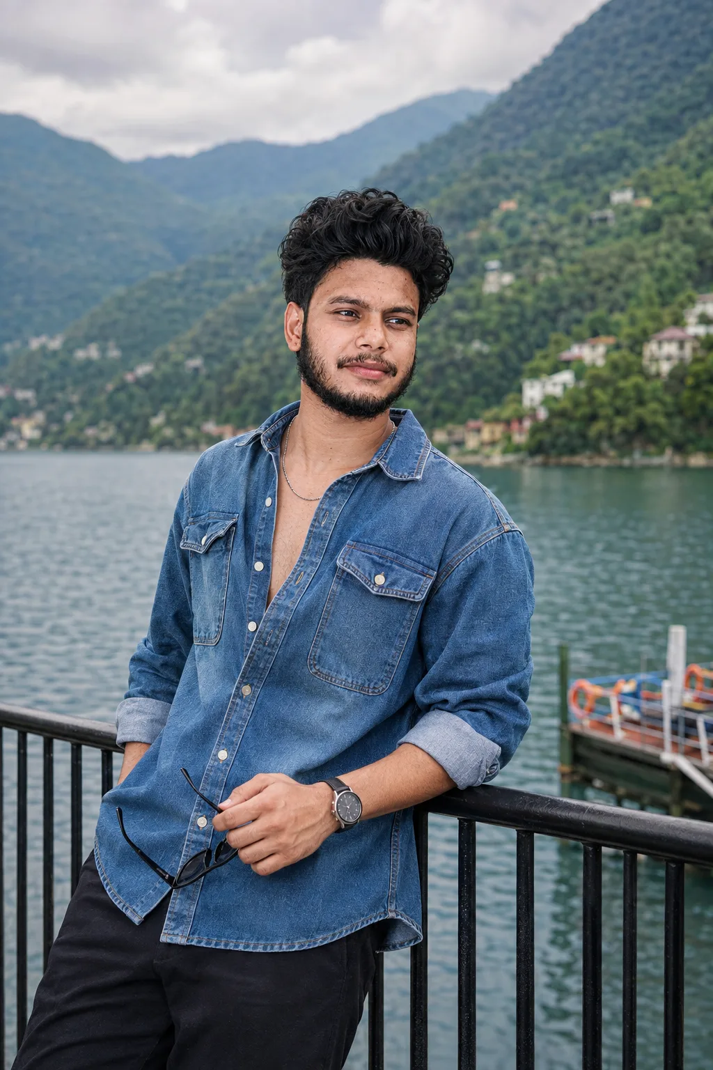 Prompt: Create a premium, ultra-photorealistic fashion portrait of a young South Asian male standing beside a serene mountain lake during a