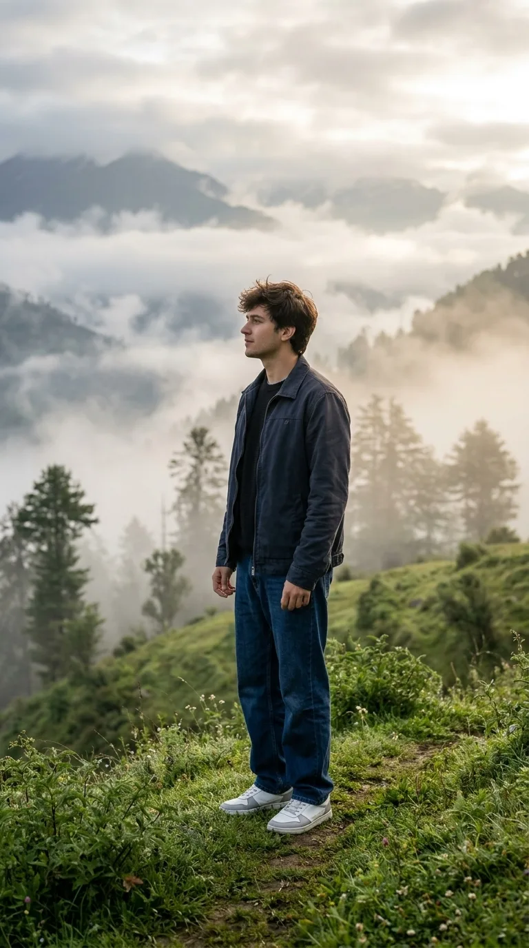 Ultra-realistic cinematic portrait of a young man standing peacefully on a beautiful green hill covered in thick morning fog, wearing a