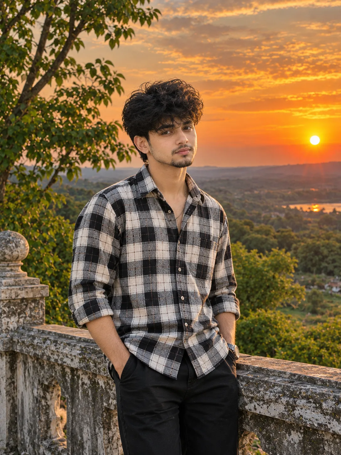 Ultra realistic photograph of a handsome young Indian man standing casually beside an old stone terrace railing during a beautiful orange