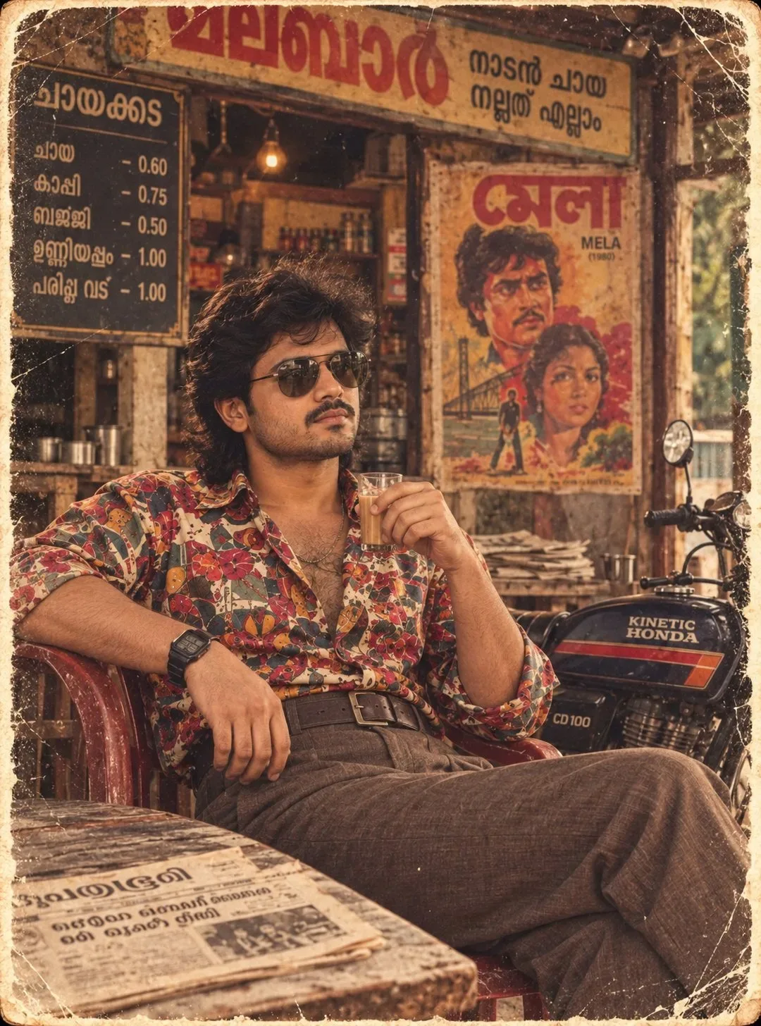 Create an ultra-realistic vertical 4:5 portrait that looks like a genuine Indian photograph captured and printed in the early 1980s.