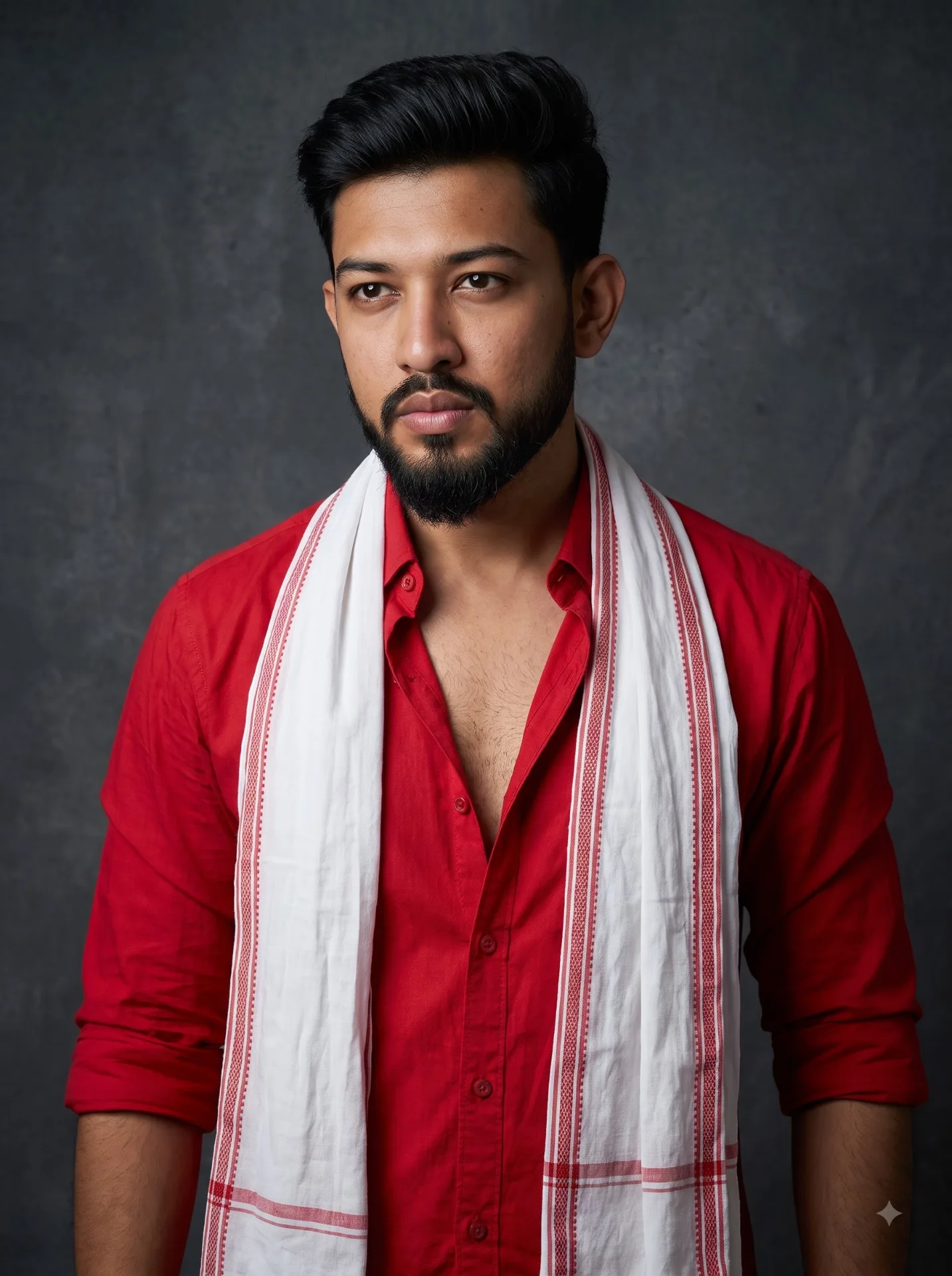 photorealistic, high-fashion portrait of a young, handsome Indian man with a sharp jawline, short trimmed beard, and thick, voluminous dark