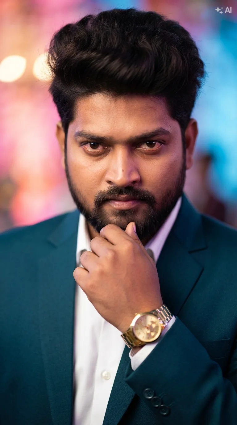 A cinematic close-up portrait of a charismatic South Indian actor with a well-groomed beard, mustache, and voluminous styled hair.