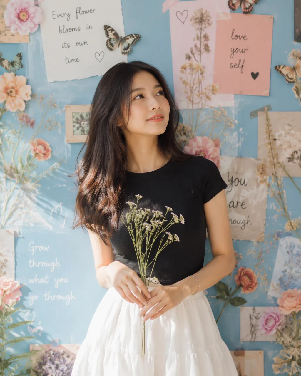 Create a hyper-realistic fashion editorial portrait of a young Asian woman standing against a cheerful pastel blue wall decorated with