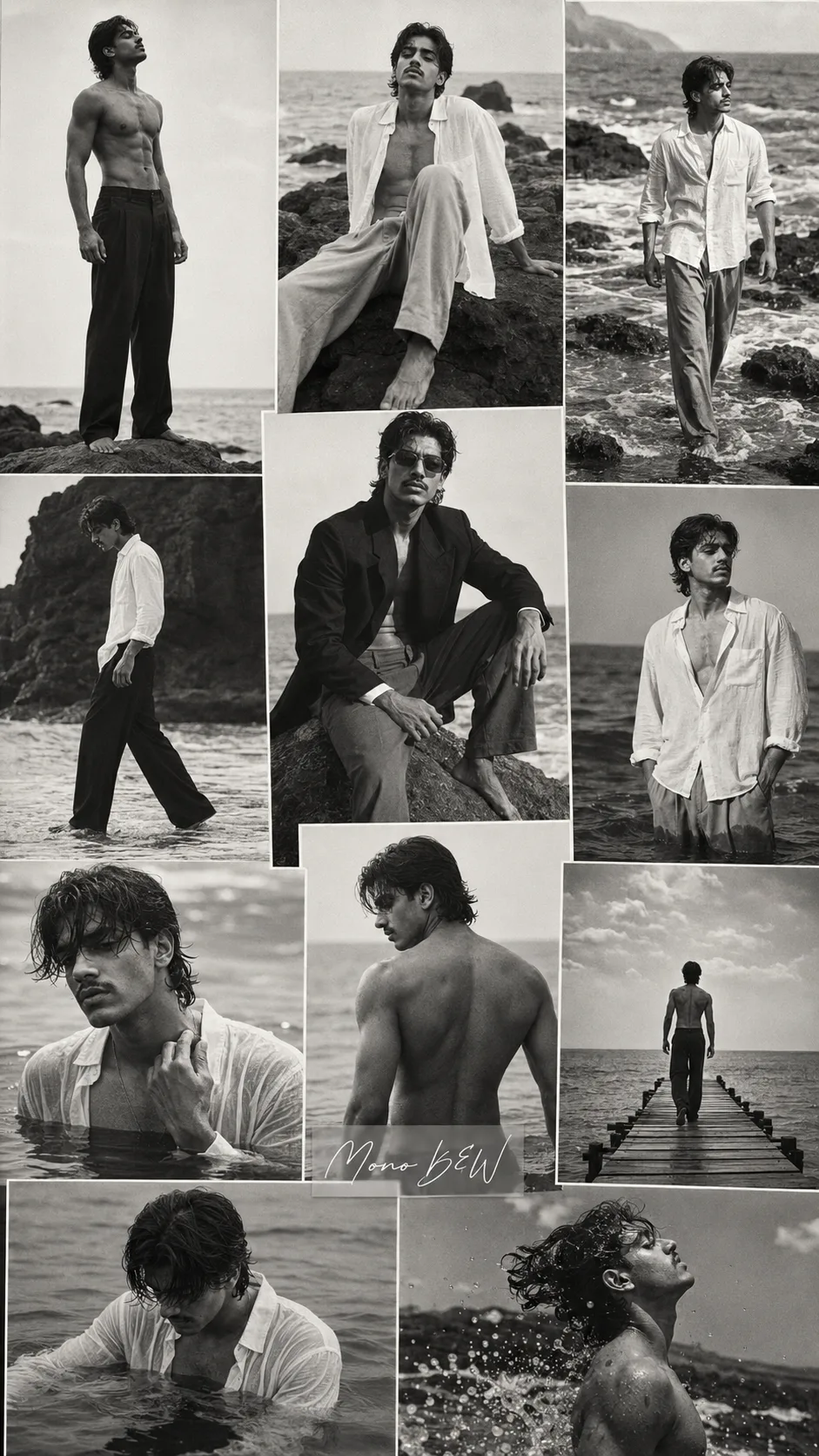 Exact Image Recreation Prompt Create a highly photorealistic black-and-white cinematic fashion editorial collage featuring the same young