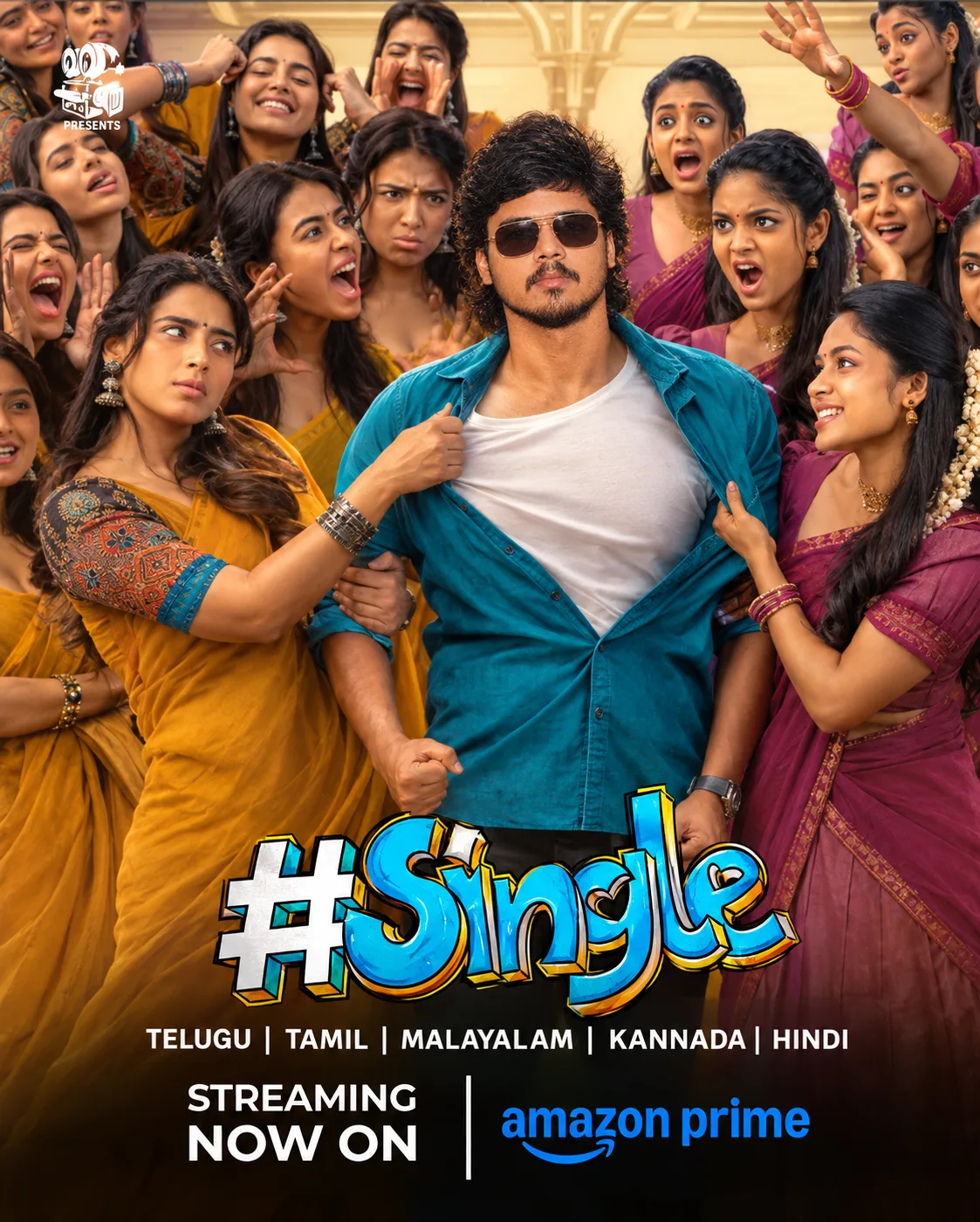 Create a highly realistic cinematic South Indian movie-poster style image inspired by a fun romantic-comedy ensemble scene.