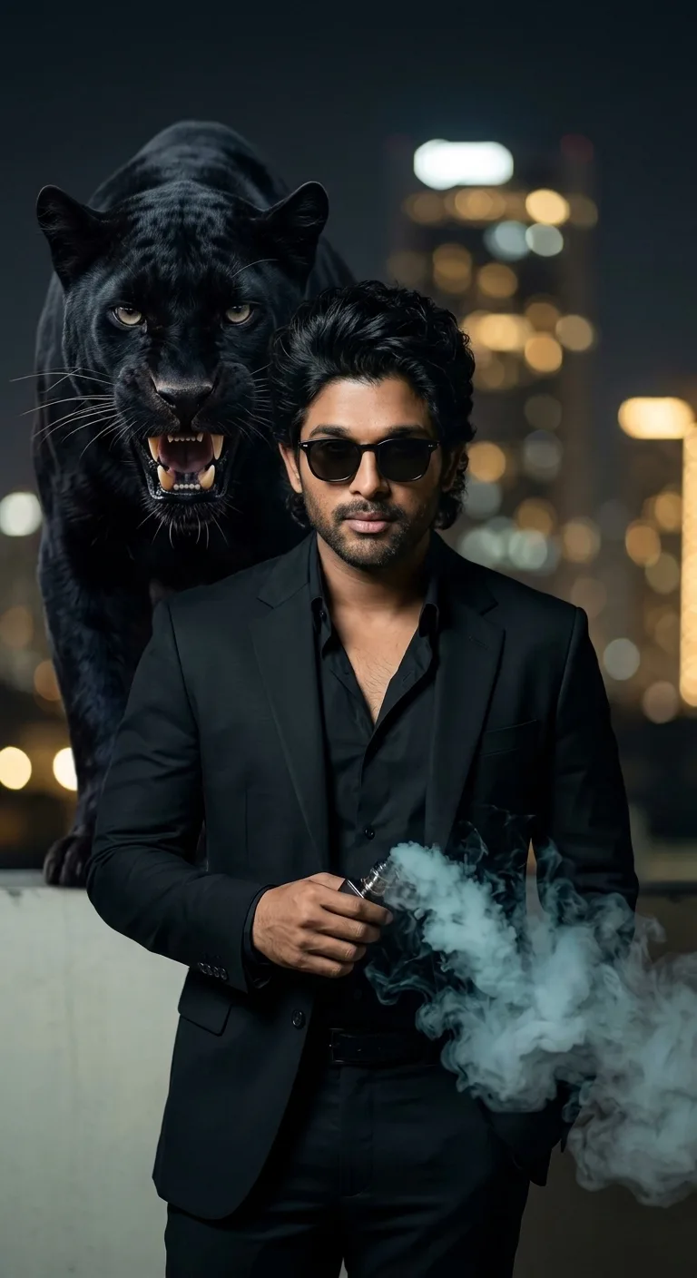 A striking, high-end cinematic scene featuring a confident young man with tousled black hair, subtle stubble, and dark sunglasses.