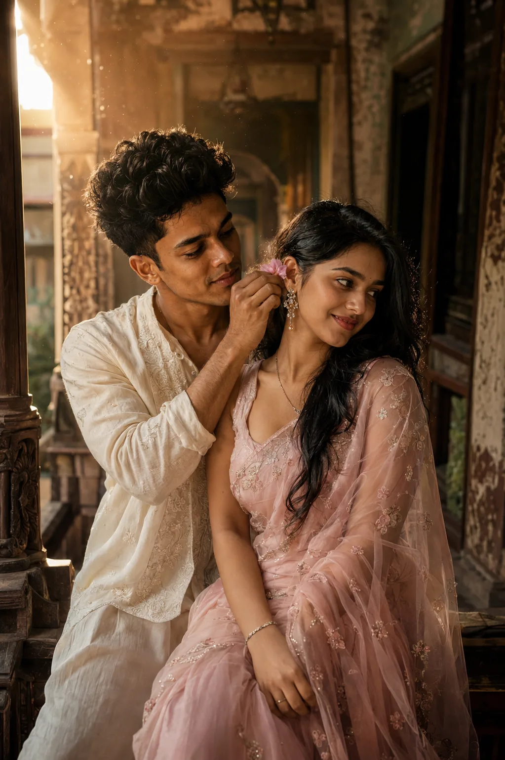 Ultra-realistic cinematic portrait of a young South Asian couple sharing a tender romantic moment inside a traditional heritage home.