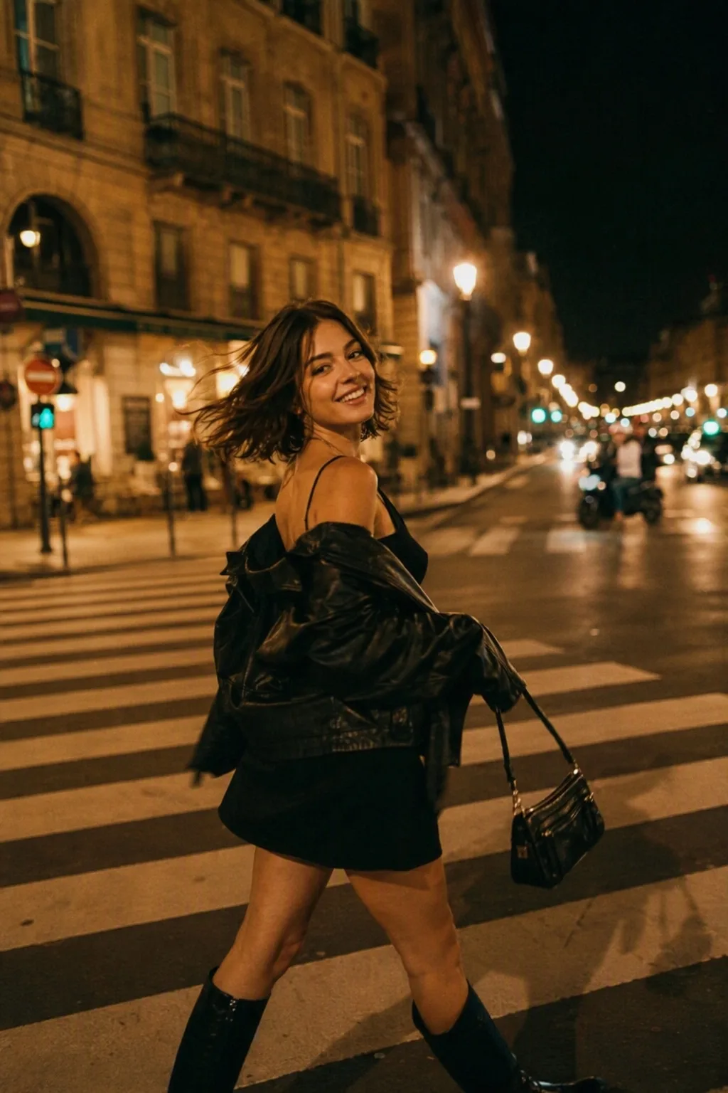 A candid, cinematic photo of a cheerful 20-year-old girl walking across a zebra crossing in a European city at night.