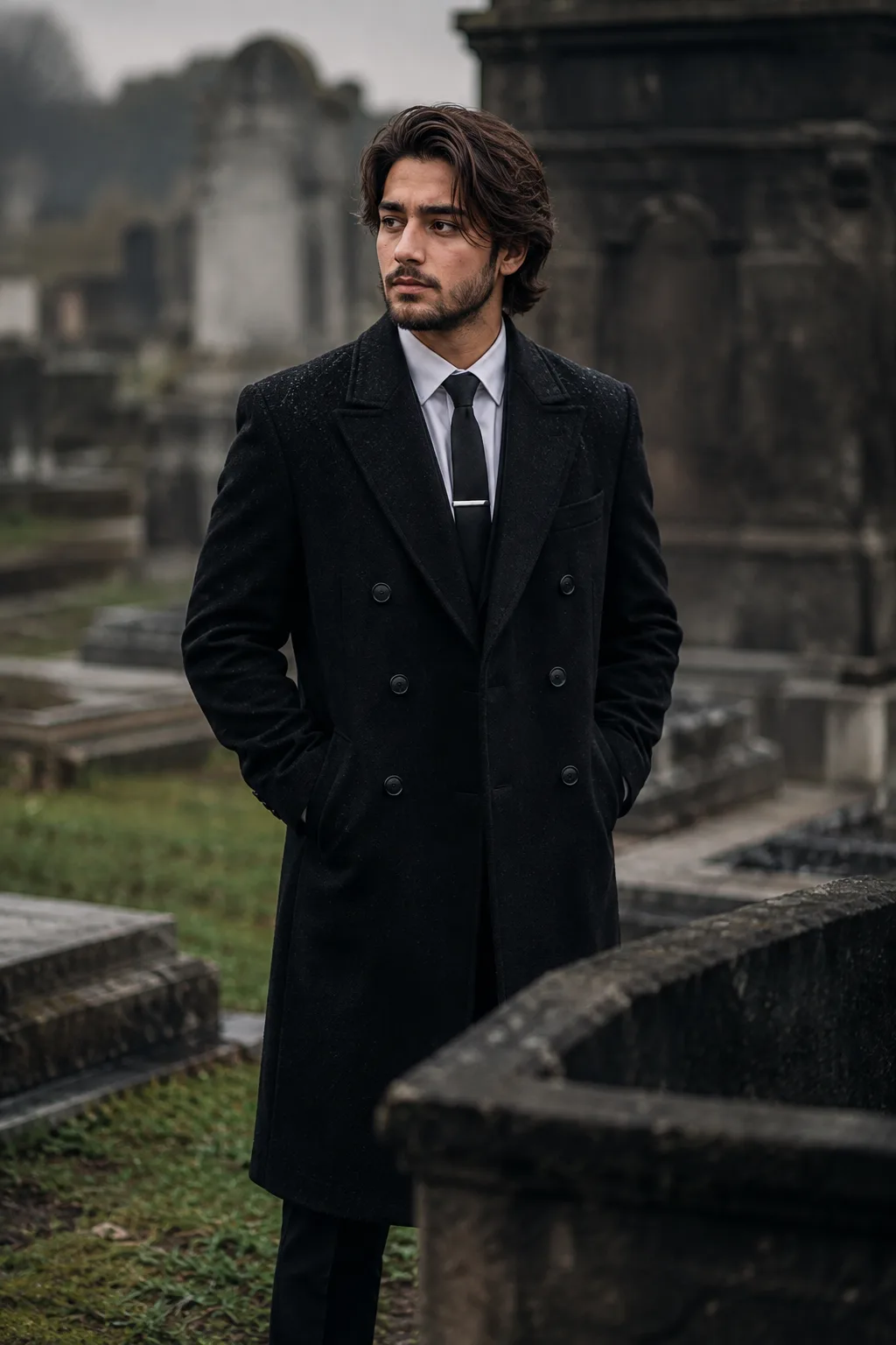A highly cinematic, photorealistic full-body portrait of a handsome young adult man standing in an old, weathered cemetery on an overcast