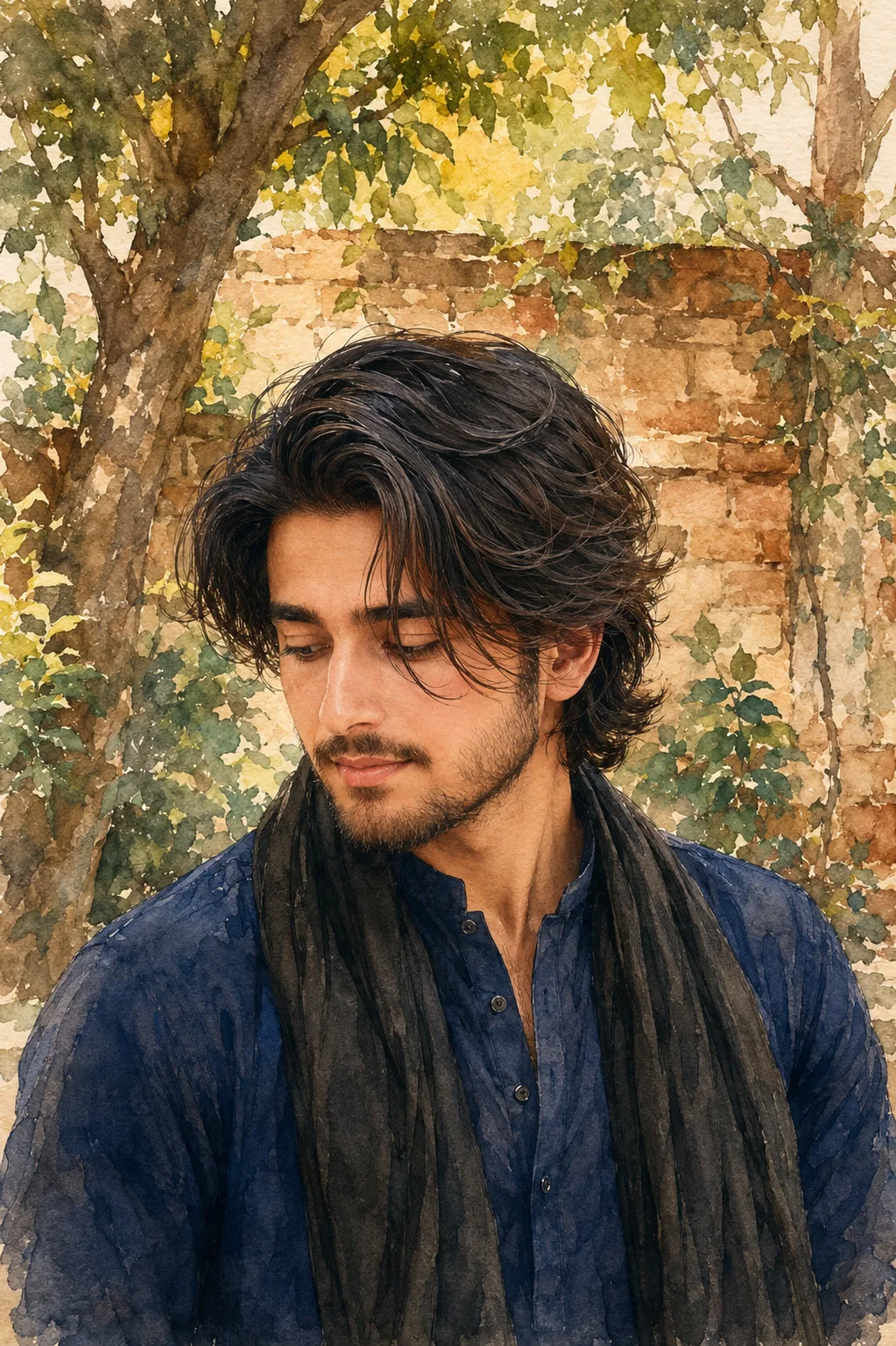 A highly detailed traditional watercolor painting of a handsome young man with long, thick, slightly wavy black hair, styled with natural