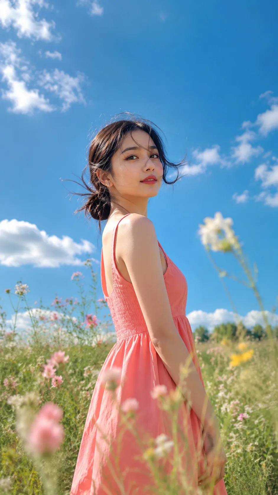 Create a vertical 9:16 photorealistic summer portrait of a young East Asian woman in a soft dopamine color palette.
