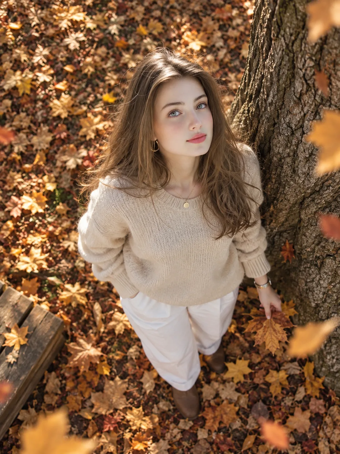 ULTRA-REALISTIC CINEMATIC TOP-DOWN PHOTOGRAPH OF A YOUNG SOUTH ASIAN WOMAN STANDING BESIDE A LARGE, WEATHERED TREE TRUNK, LOOKING DIRECTLY