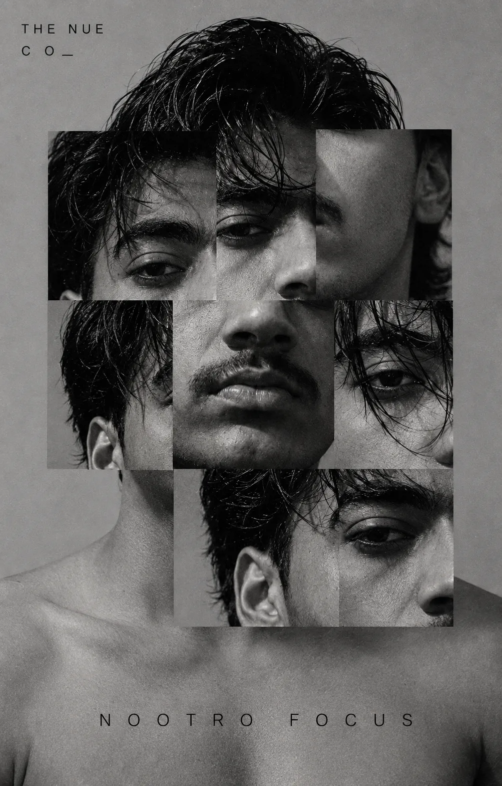 Create a vertical editorial fashion collage poster, approximately 4:5 aspect ratio (around 1024×1280), in a monochromatic black-and-white /