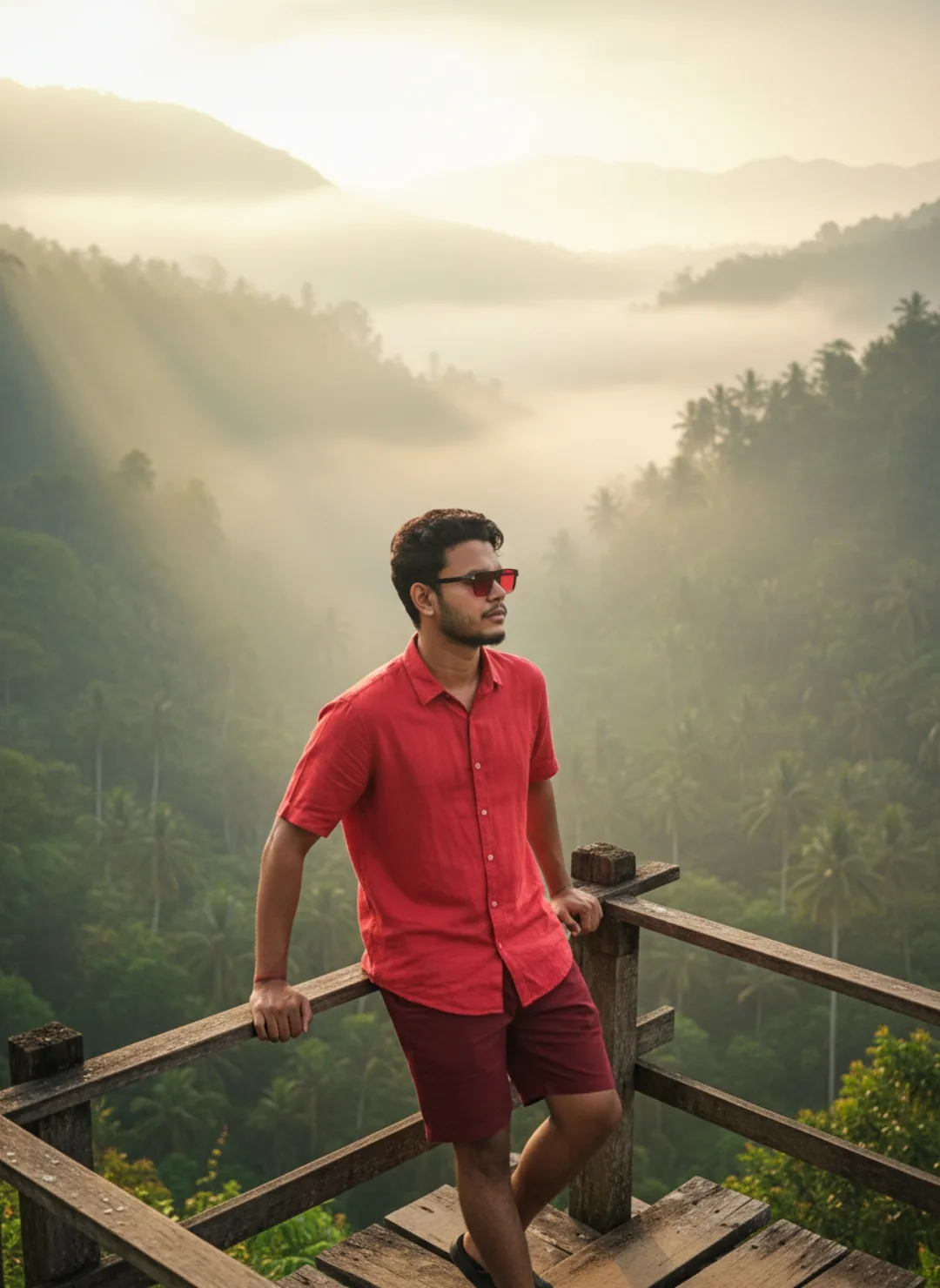 A young South Asian man with curly dark hair and a short beard stands casually on a weathered wooden viewing platform with rustic railings,