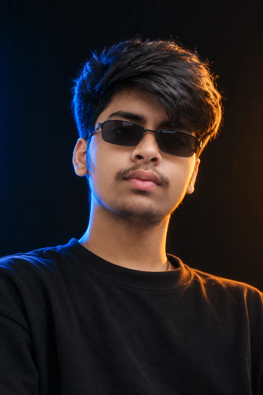 A cinematic portrait of a young South Asian man with thick, voluminous wavy black hair, wearing a plain oversized black T-shirt and slim