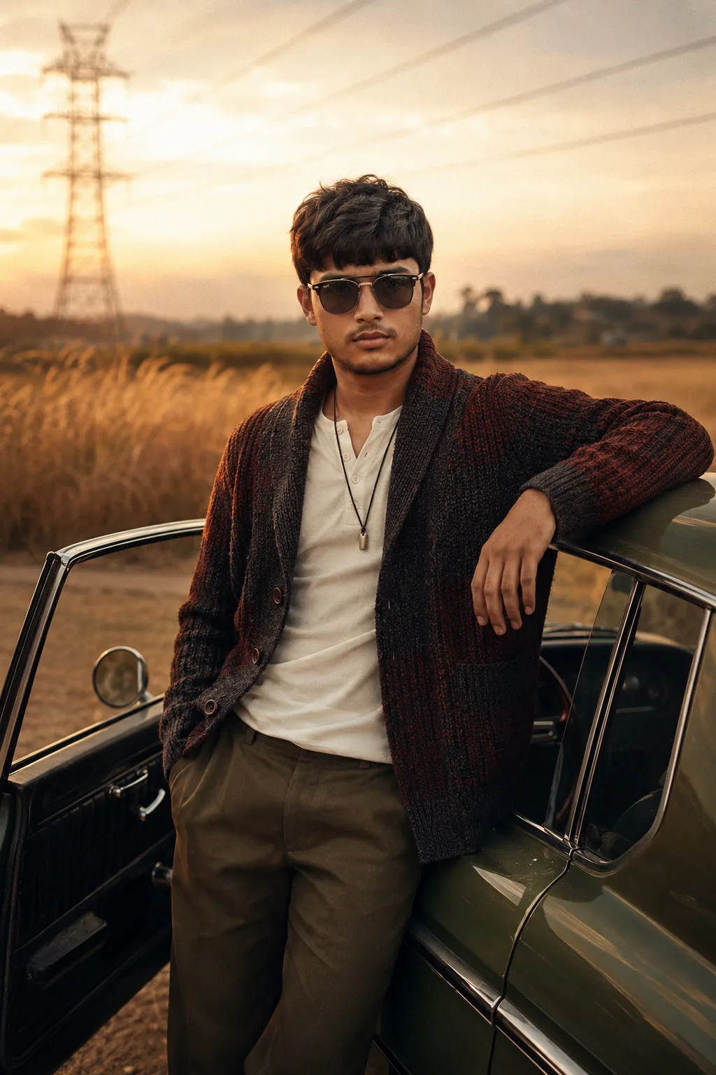 A cinematic golden-hour countryside portrait of a young man leaning casually against a vintage car, one arm resting on the open door frame,