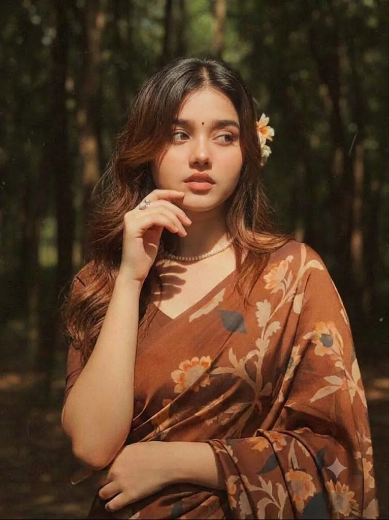 A beautiful young South Asian woman, with long, wavy brown hair adorned with a small cream-colored floral cluster, stands poised and