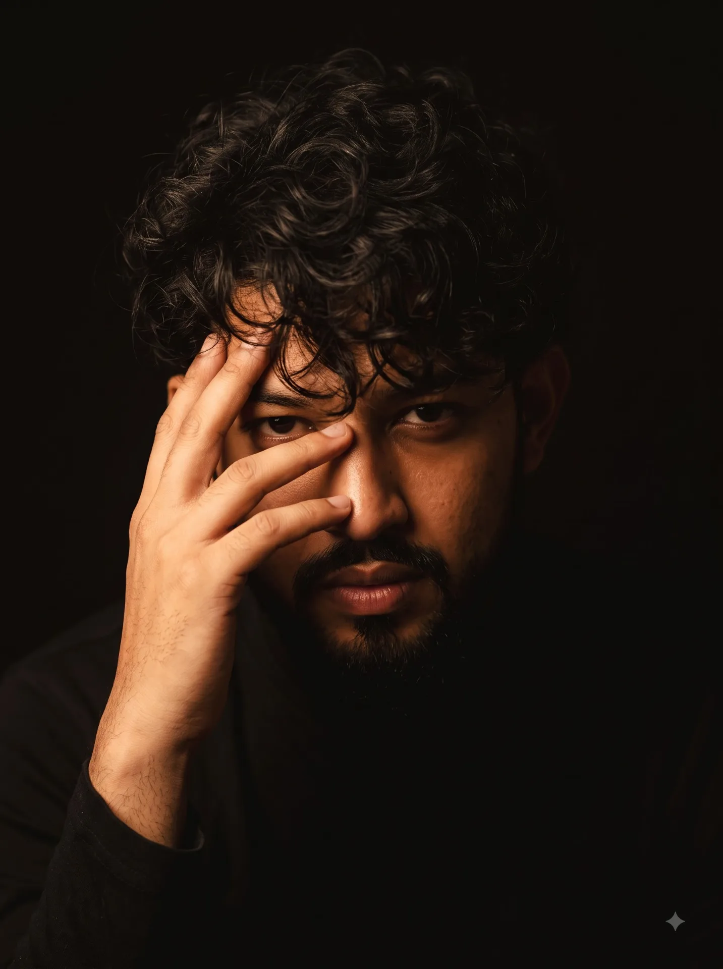 Ultra-realistic cinematic portrait of a man wearing an all-black outfit, standing against a completely dark black background.