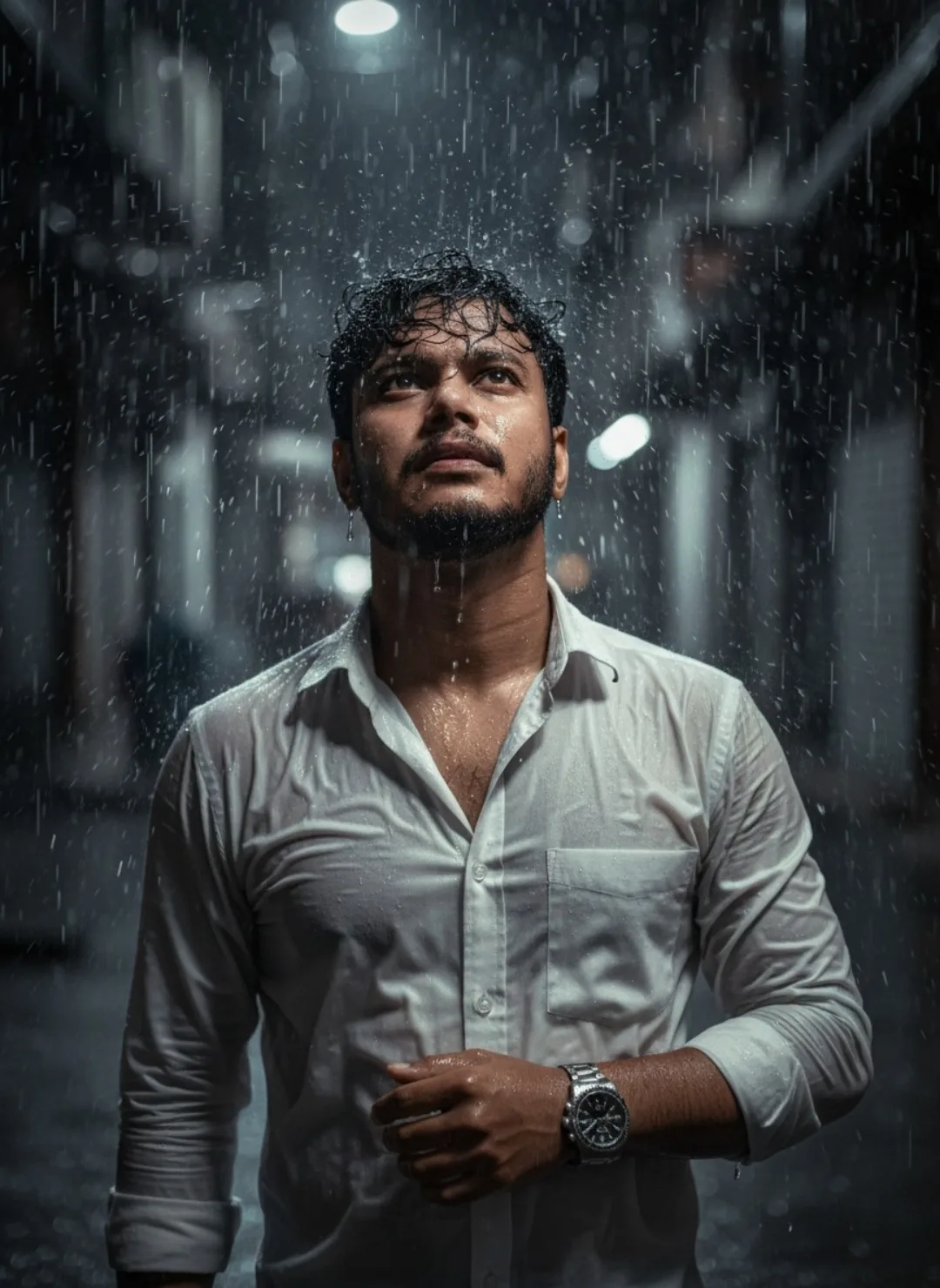 Cinematic portrait of a handsome young South Asian man with short curly black hair and a neatly trimmed full beard, standing still in heavy