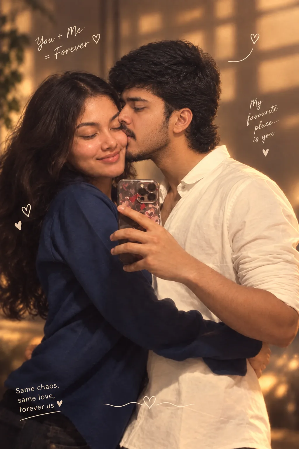Create a warm, cinematic, photorealistic vertical couple portrait inspired by the reference image.