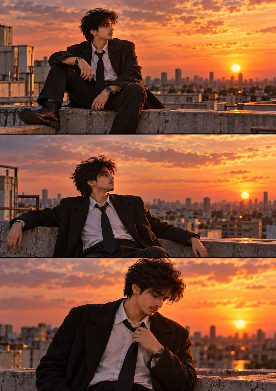 Three horizontal cinematic frames showing a fashionable young man with wavy hair wearing a formal shirt, black tie and long dark coat.