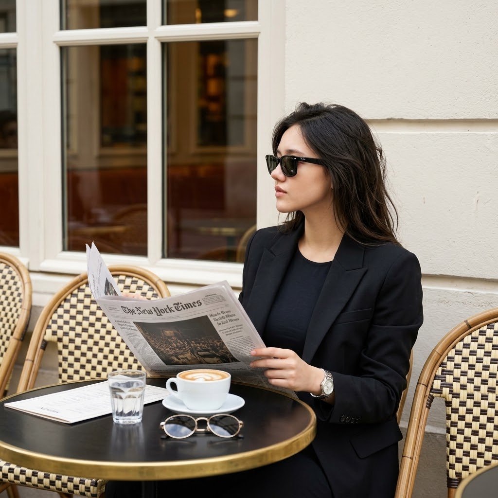 Nano banana 2 Prompt Photorealistic high-end Parisian café lifestyle editorial portrait, vertical 4:5 composition.