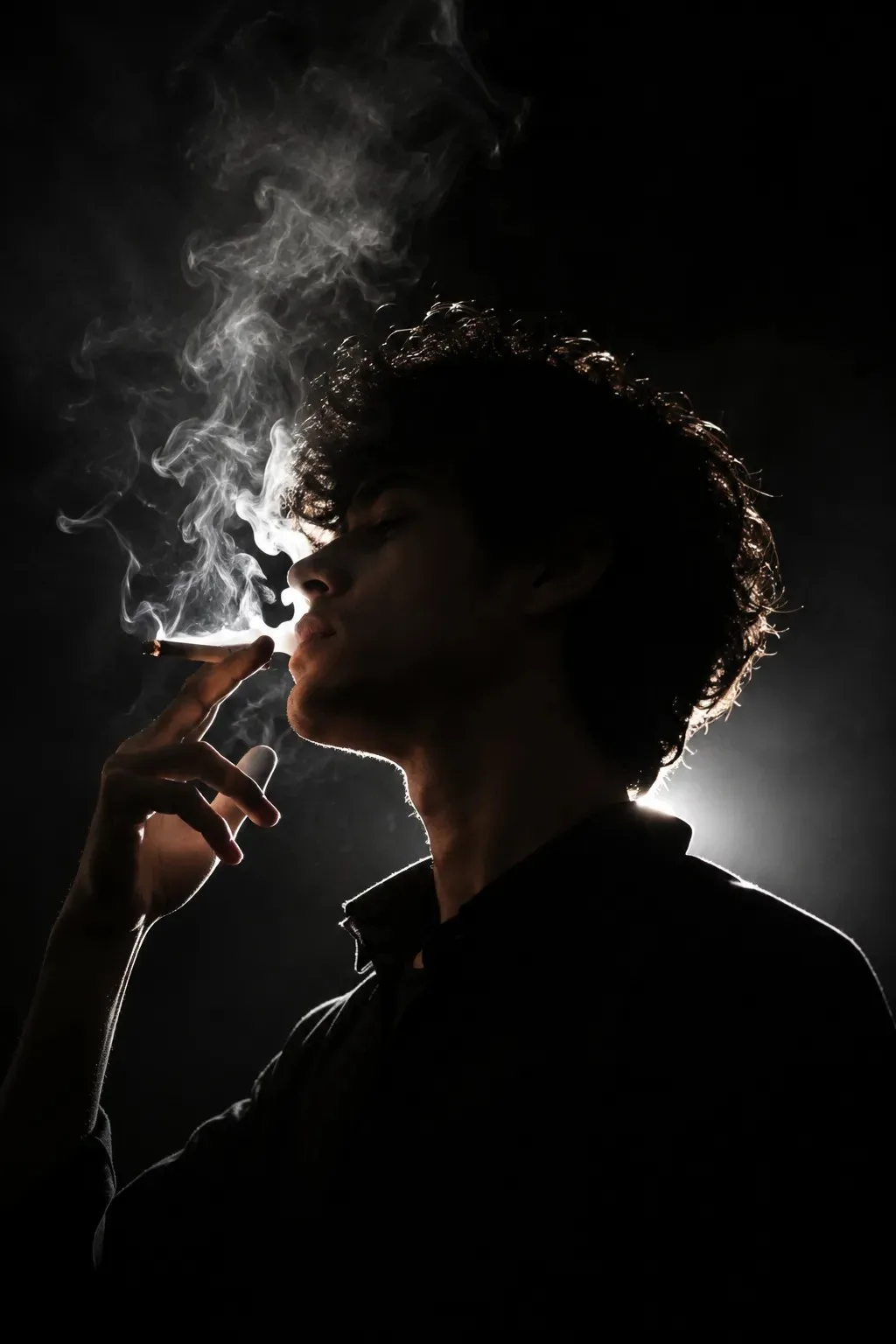 A cinematic, ultra-realistic portrait of a young adult man with curly hair, shown in side profile from a slightly low camera angle.
